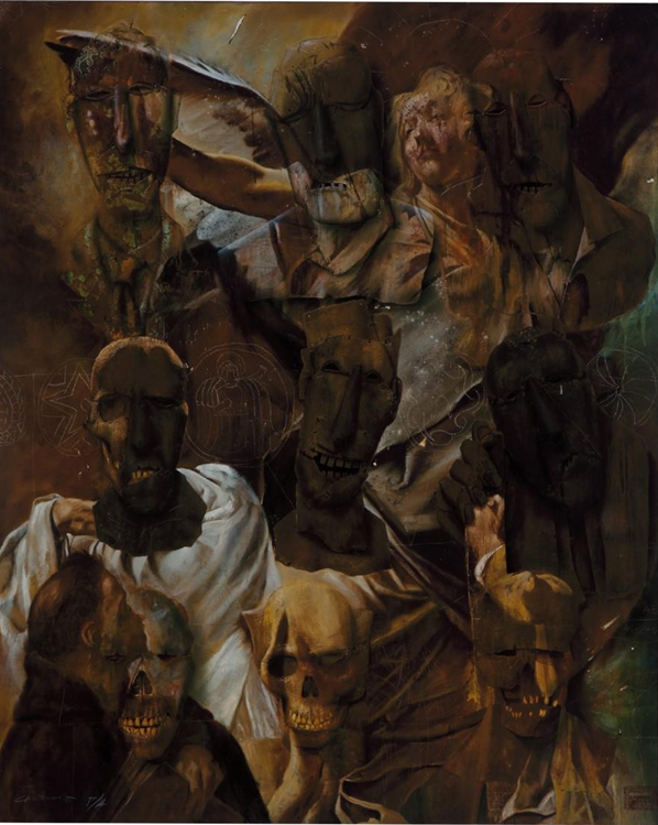 Tzompantli máscaras y un ángel por Rafael Cauduro